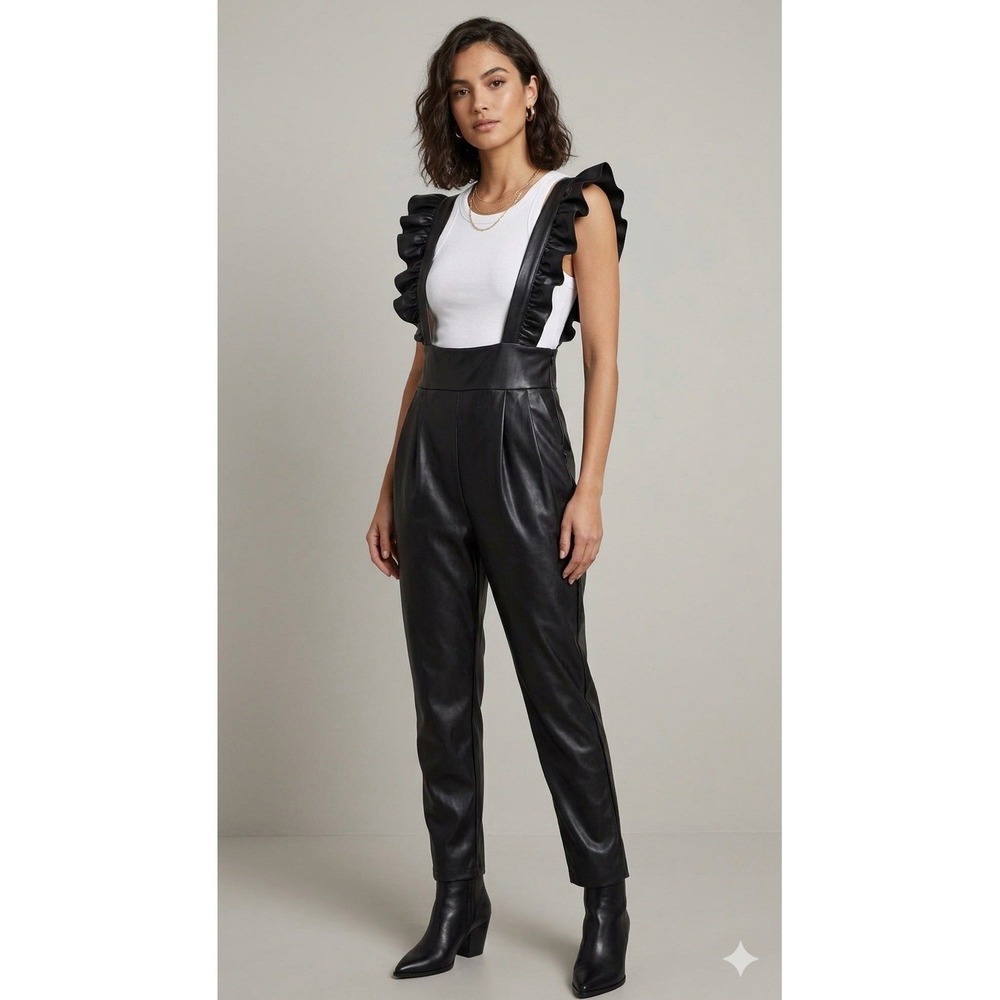 Women's EillyBazar Black Faux Ruffle Strap Jumpsuit One-Piece Size L